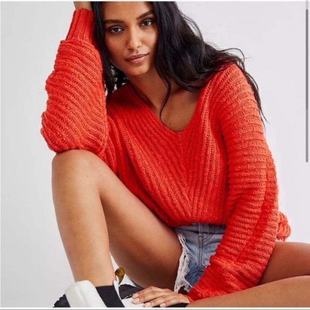 Free People Knit V Neck Oversized Sweater Red  sweater dress mini dress